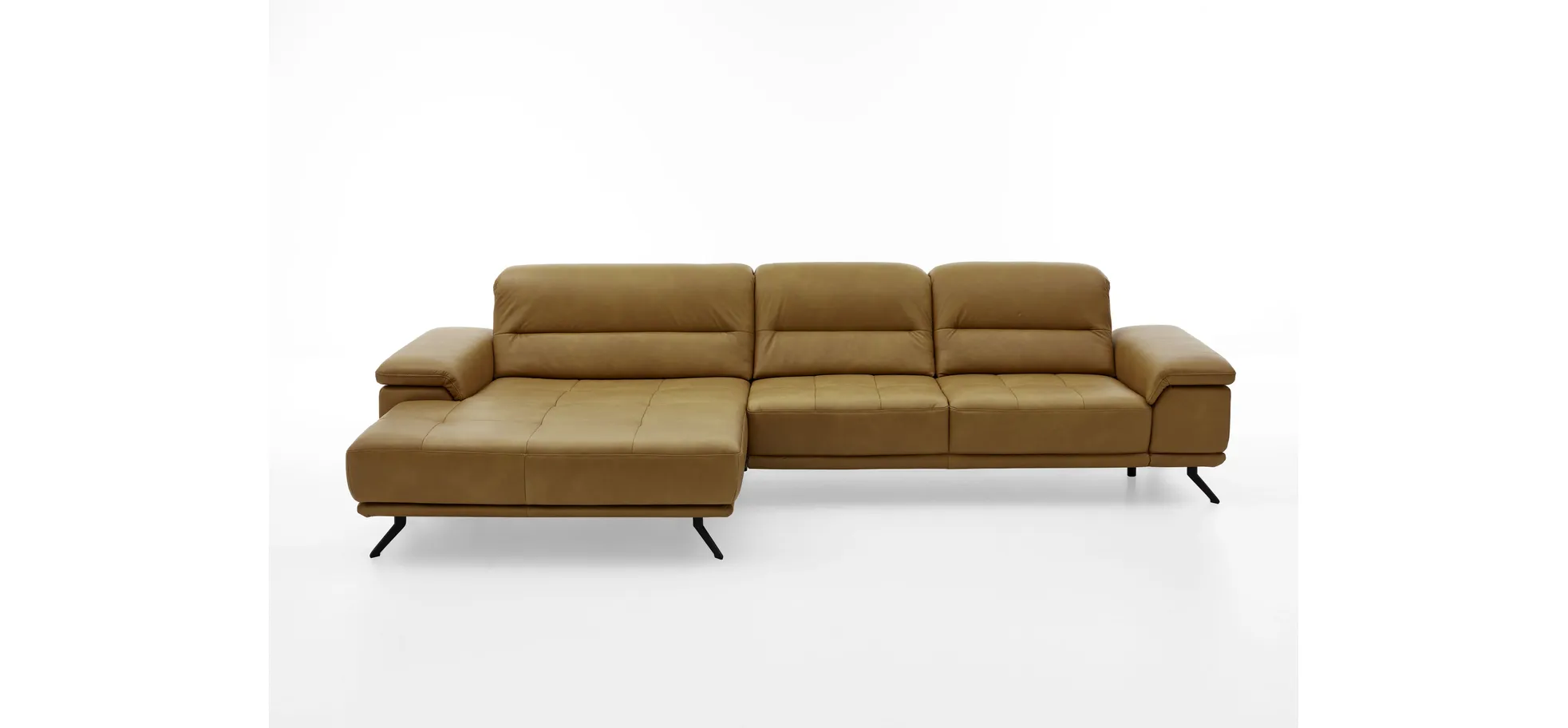 Ecksofa - 3-Sitzer mit Longchair links, Kopfteil verstellbar (manuell), Leder, Kurkuma