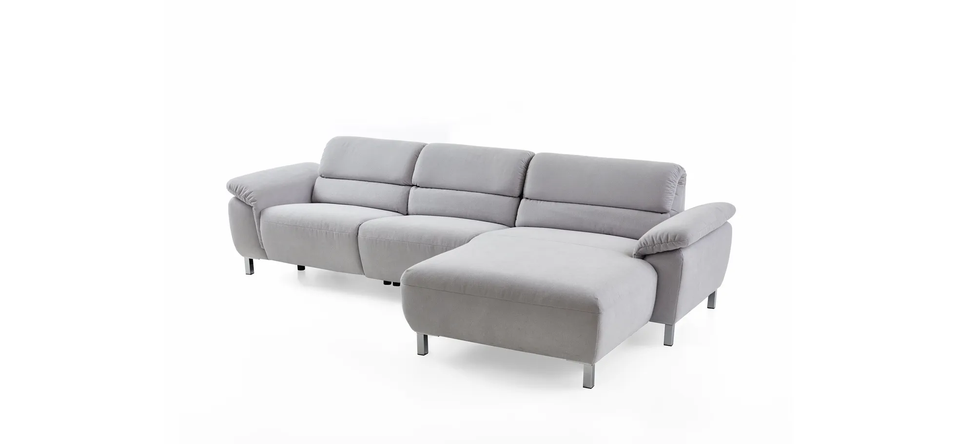 Ecksofa - 3-Sitzer mit Longchair rechts, Kopfteil verstellbar (manuell), Flachgewebe, Grau