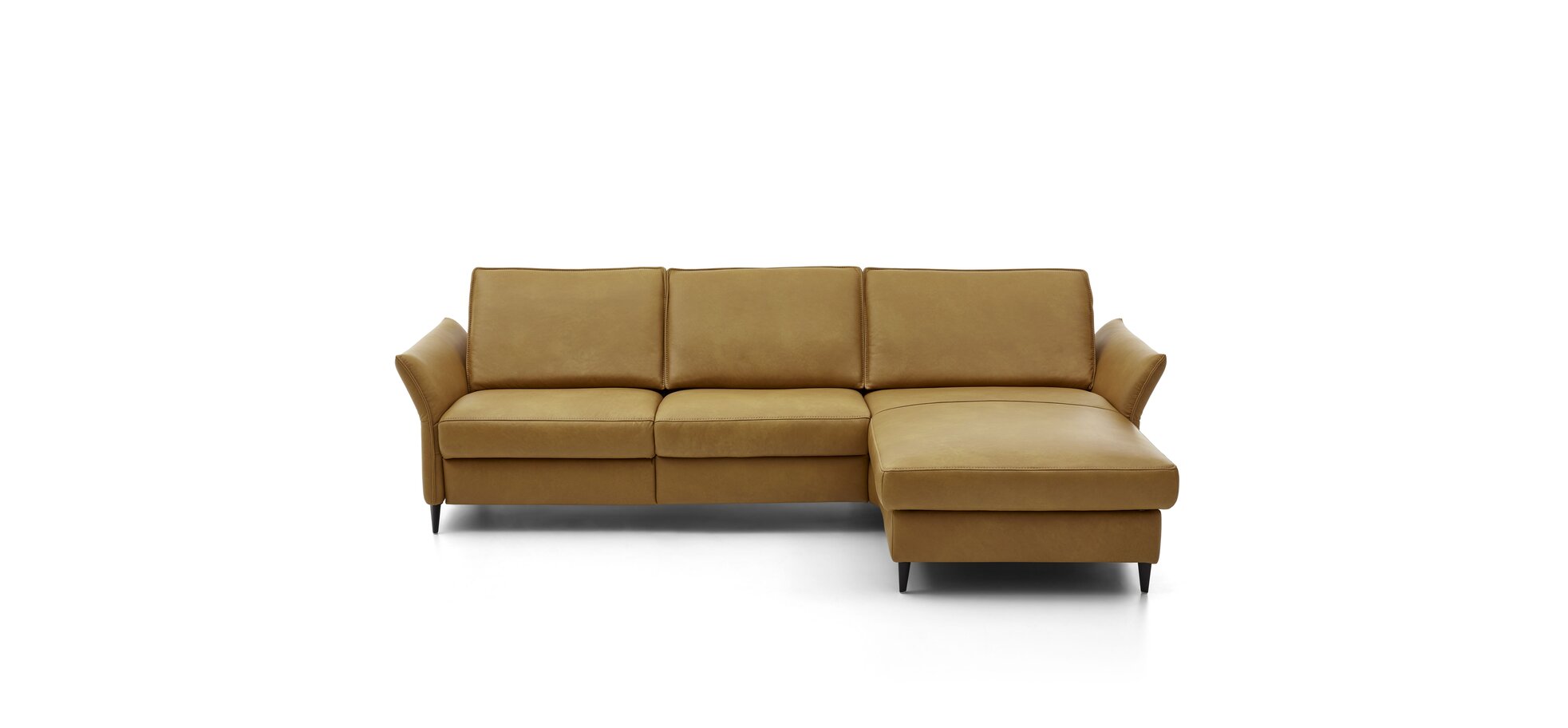Ecksofa - 2,5-Sitzer mit Longchair rechts, Kopfteil verstellbar (manuell), Leder, Kurkuma