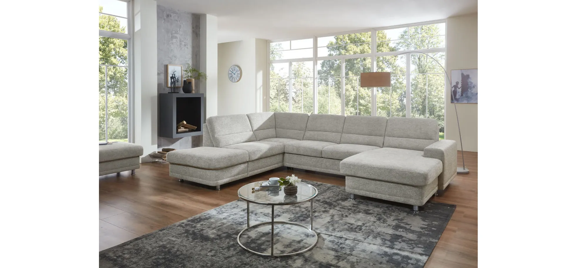 Wohnlandschaft - keine Funktionen, Ecke links, 2,5-Sitzer, Longchair rechts, Webstoff Grau