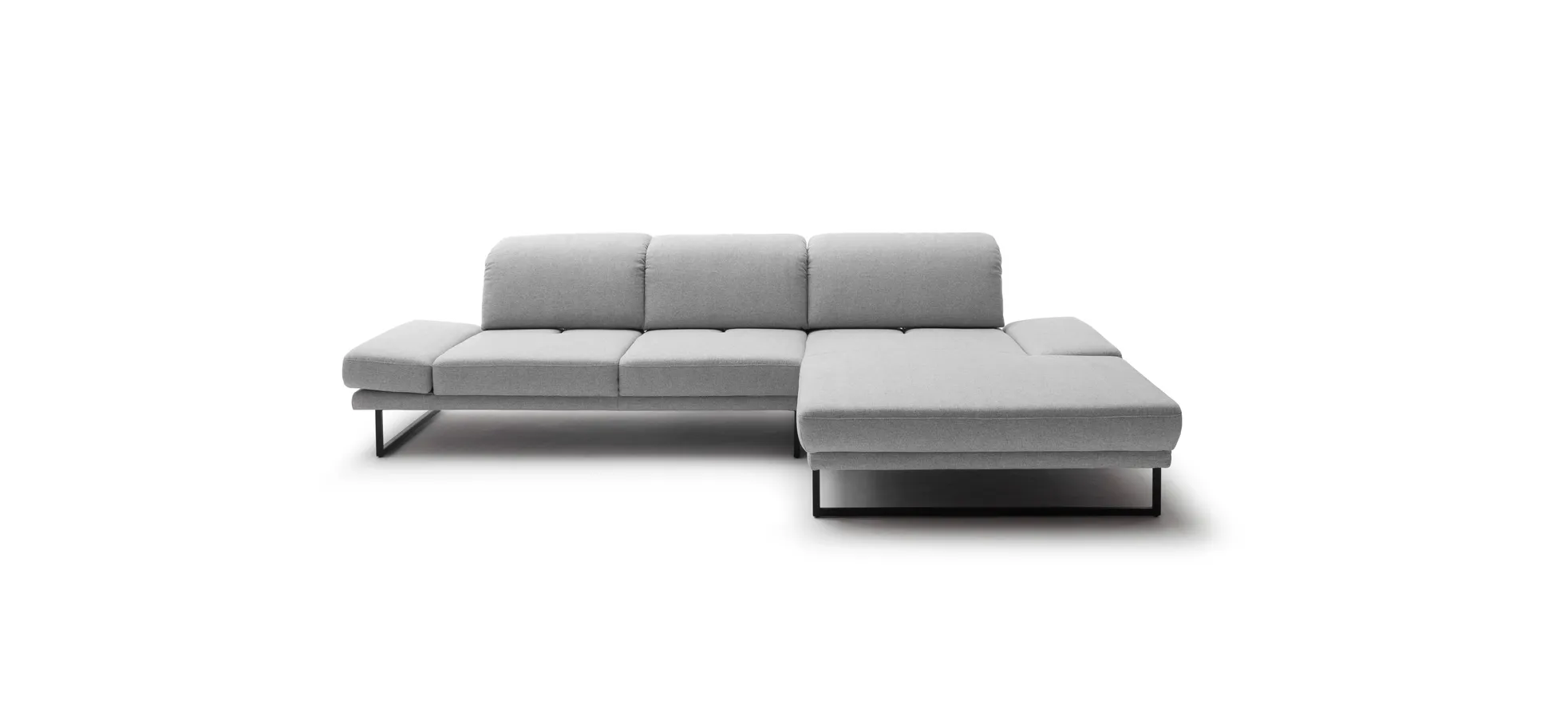 Ecksofa - 2-Sitzer mit Longchair rechts, Kopfteil/Sitztiefe verstellbar, Stoff, Hellgrau