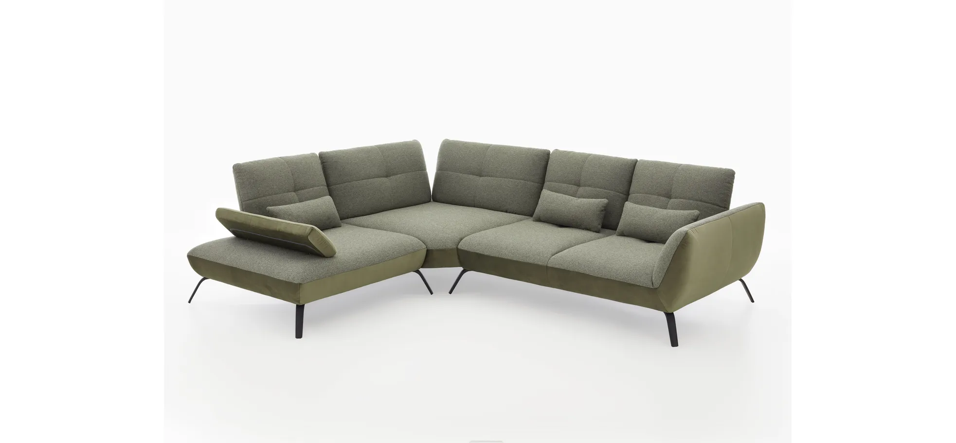 Sofa - 1-Sitzer mit Trapezecke und 3-Sitzer, inkl. Schwenkrücken und Nierenkissen, Stoff, Olivgrün