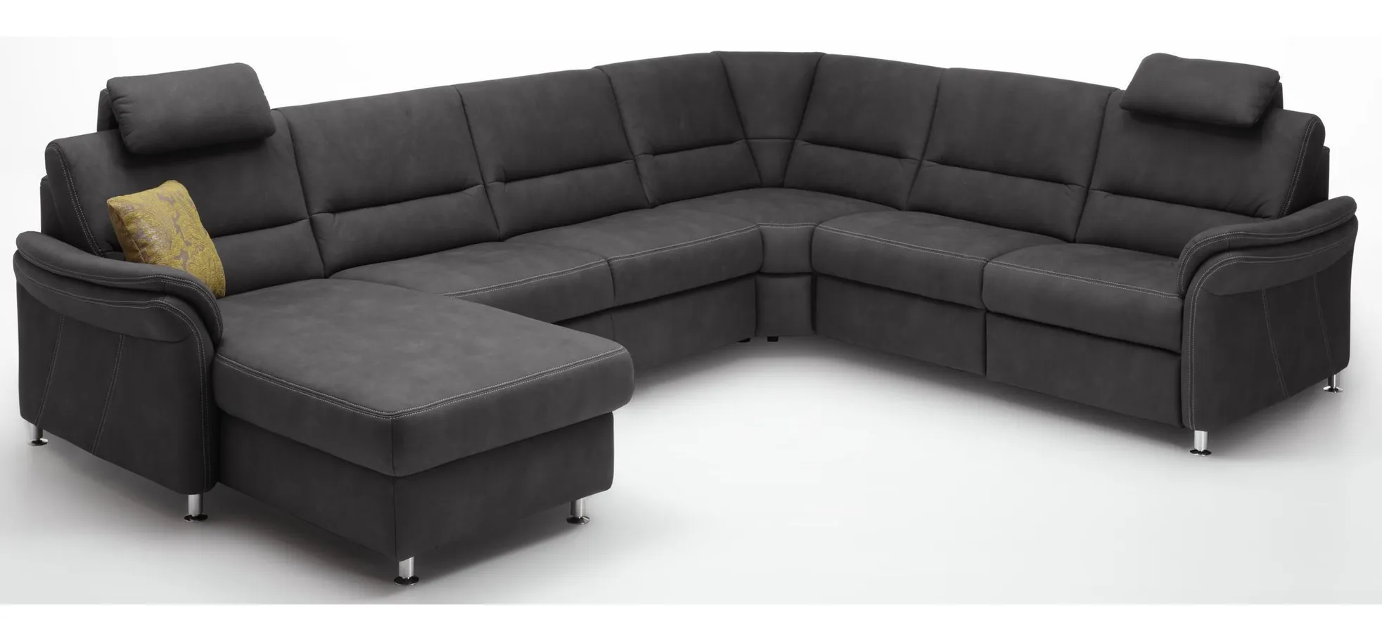 Wohnlandschaft - Longchair links mit 2,5-Sitzer und Ecke rechts inkl. 2 Premiumkopfstützen in Stoff Dunkelgrau