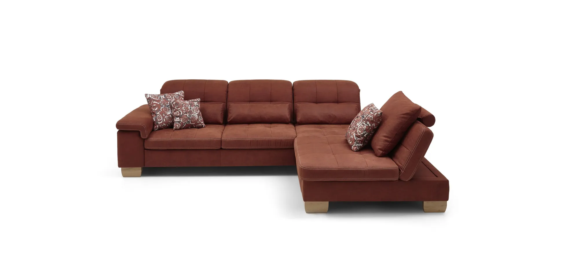 Ecksofa - 3-Sitzer mit Longchair rechts, inkl. Kopfteil/Armlehne verstellbar, Stoff, Rubin
