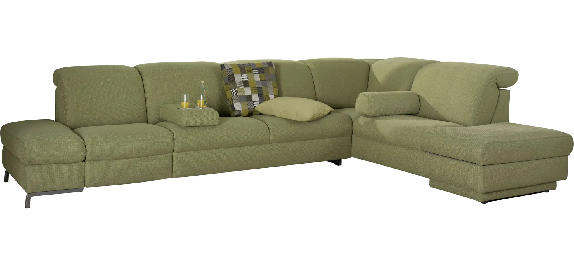 Ecksofa - 3,5-Sitzer mit Ecke rechts, Kopfteil/Armlehne verstellbar, Relaxfunktion motorisch, Stoff, Olive