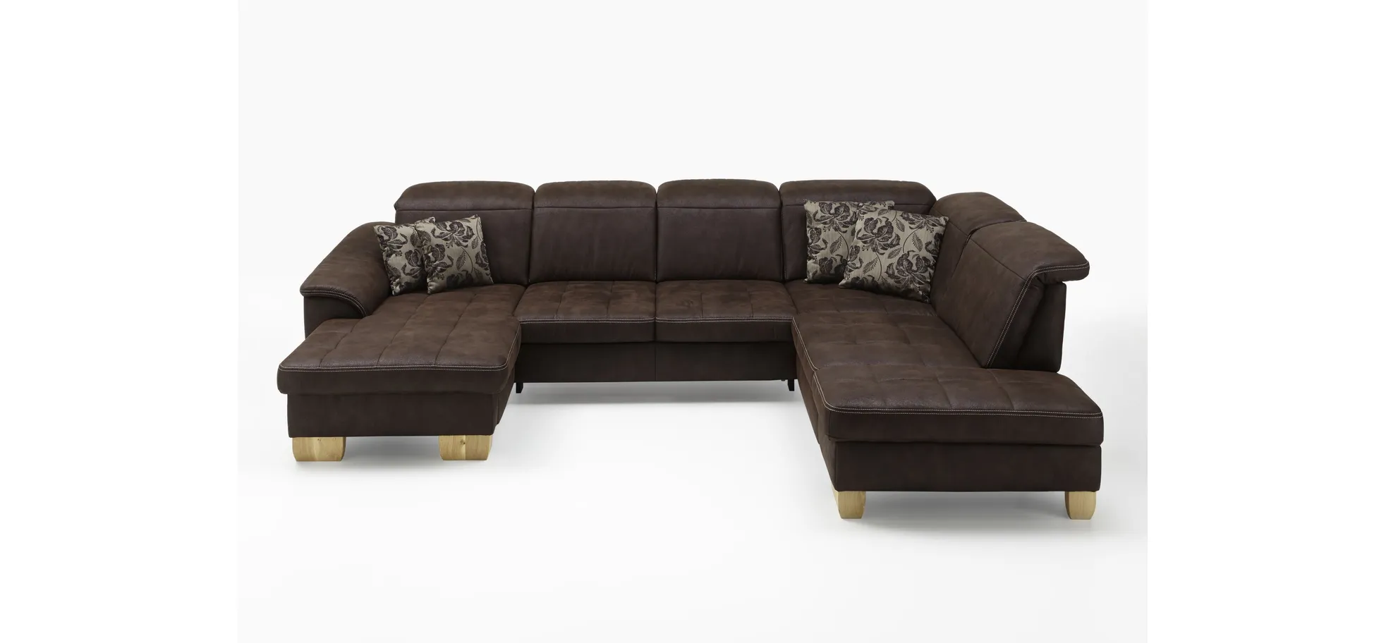 Wohnlandschaft - Longchair links mit 2,5-Sitzer und Ecke rechts, Kopfteil verstellbar, Stoff, Mocca