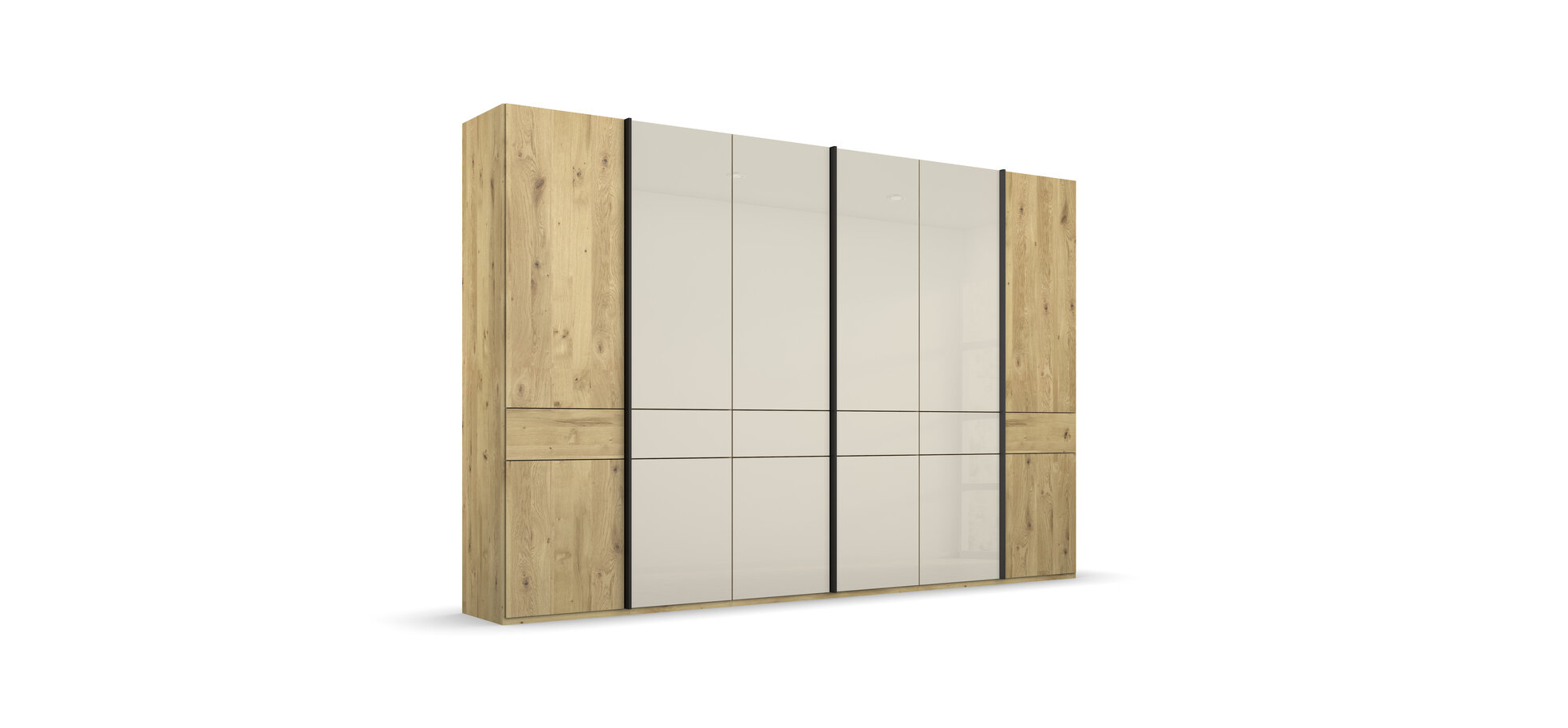 Drehtürenschrank - B. ca. 300 cm, Farbglas Champagner, Wildeiche teilmassiv