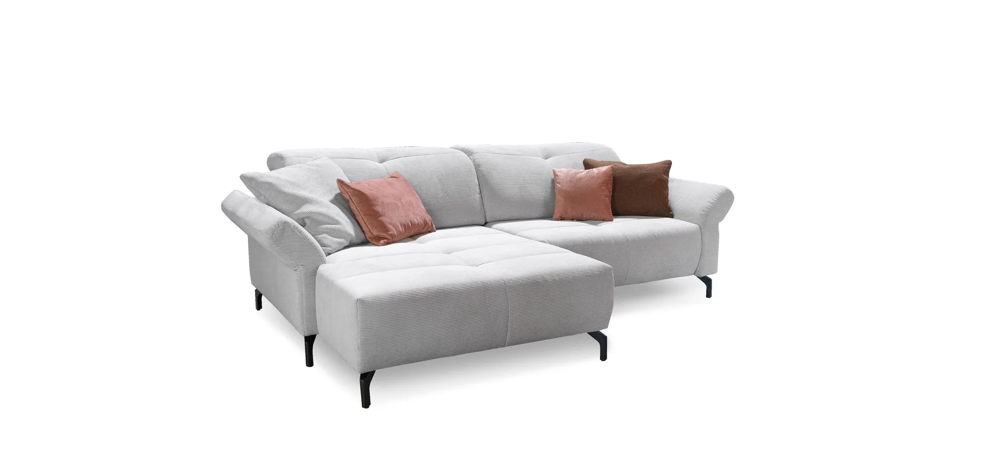 Ecksofa - Longchair links mit 1-Sitzer, Cord, Silber