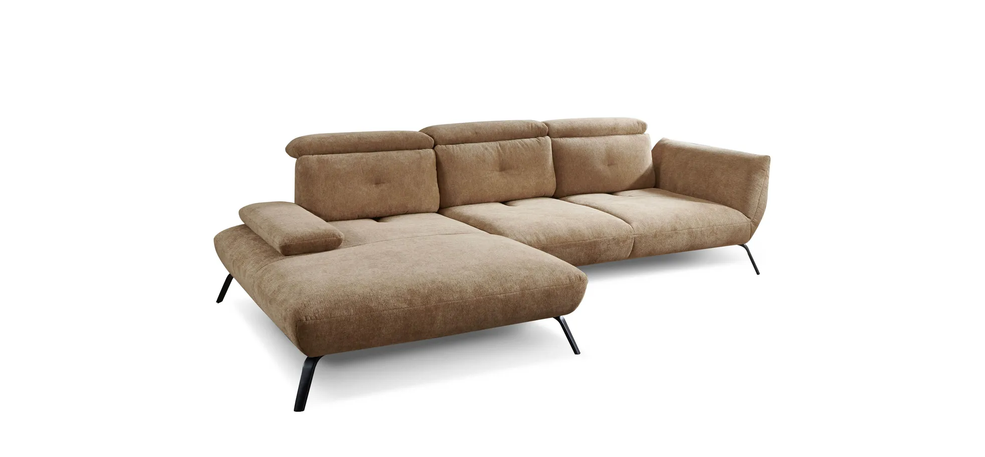 Ecksofa - Longchair links mit 3-Sitzer, Rückenlehne verstellbar, Stoff, Cognac
