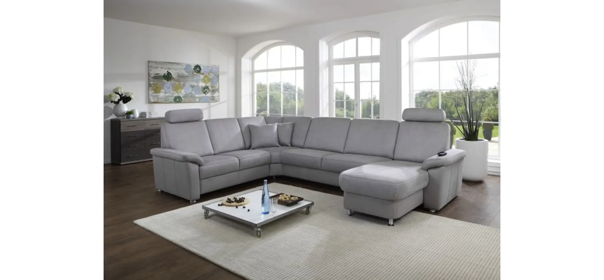Wohnlandschaft - Ecke links, 2,5-Sitzer, Longchair rechts in Stoff Hellgrau