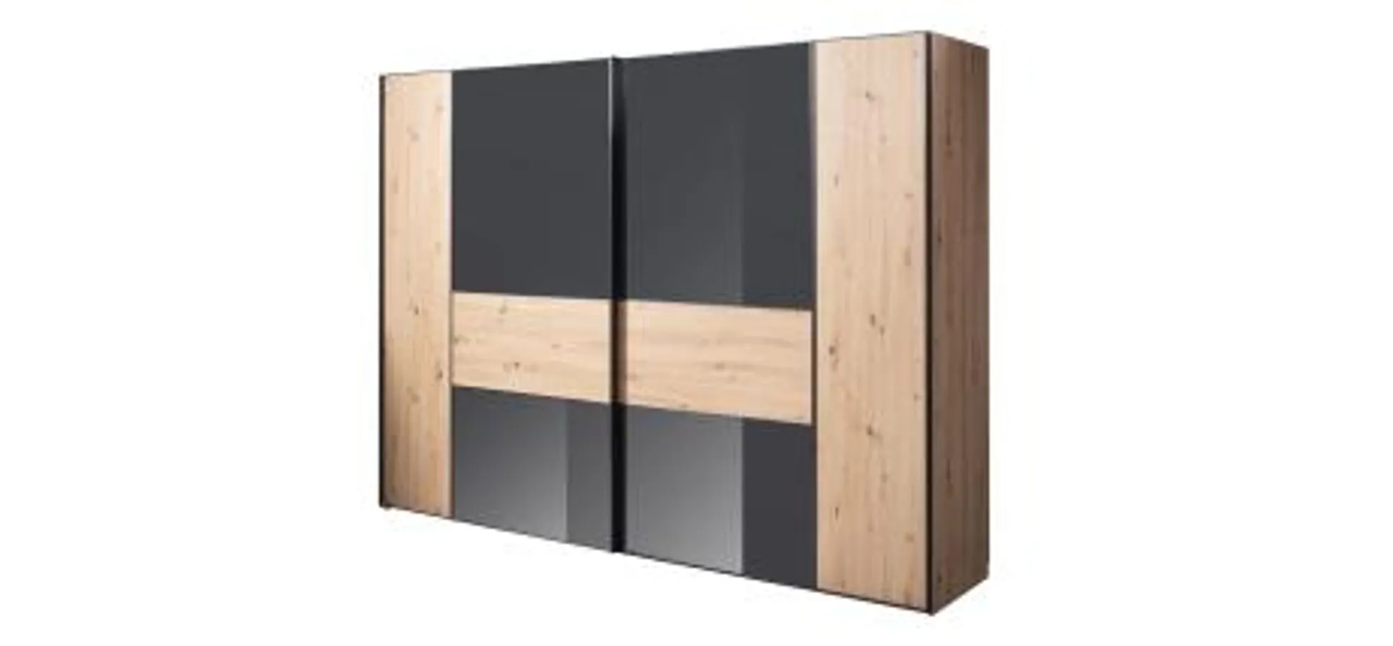 Schwebetürenschrank - mittig Anthrazitglas, B. ca. 298 cm, Dekor Artisan Eiche