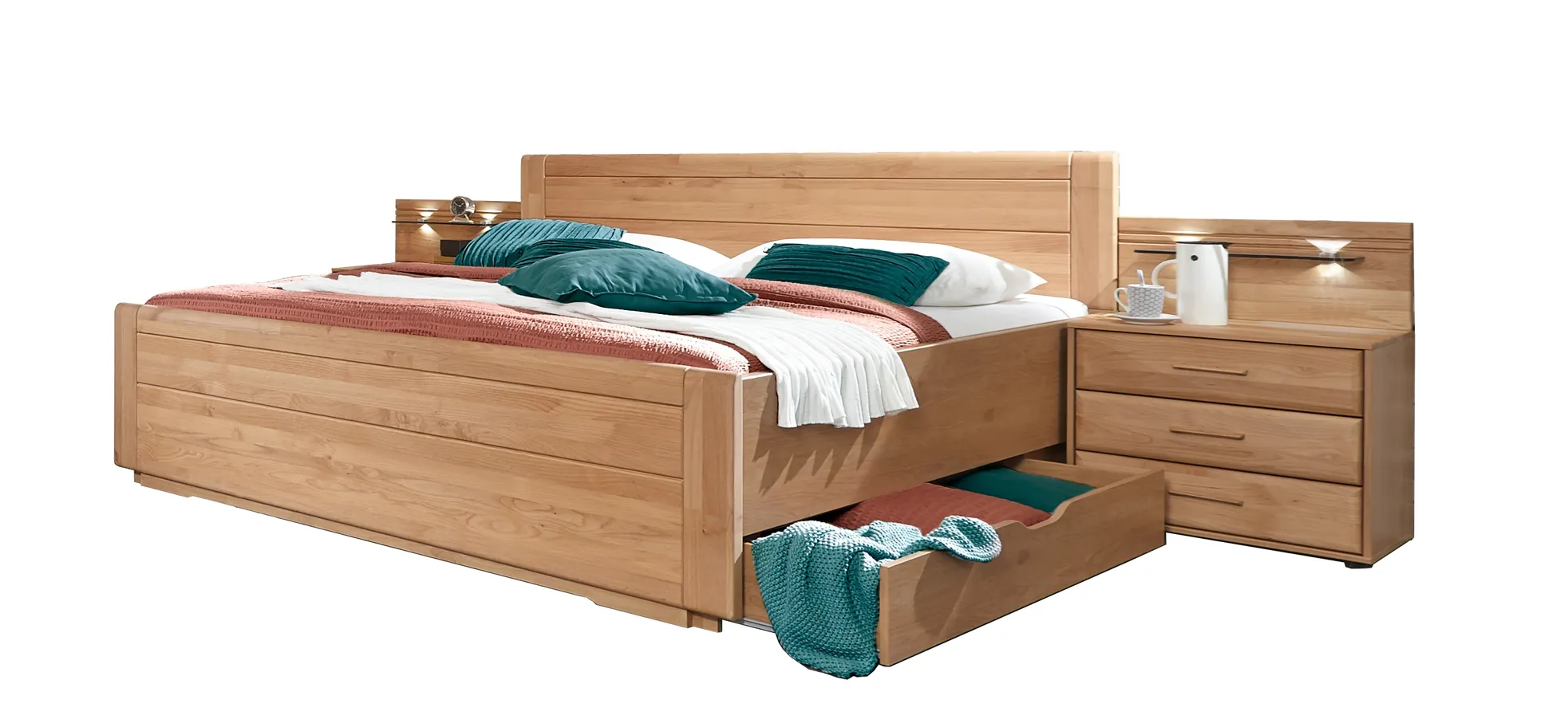 Doppelbett - mit Nachtschränken, teilmassiv 