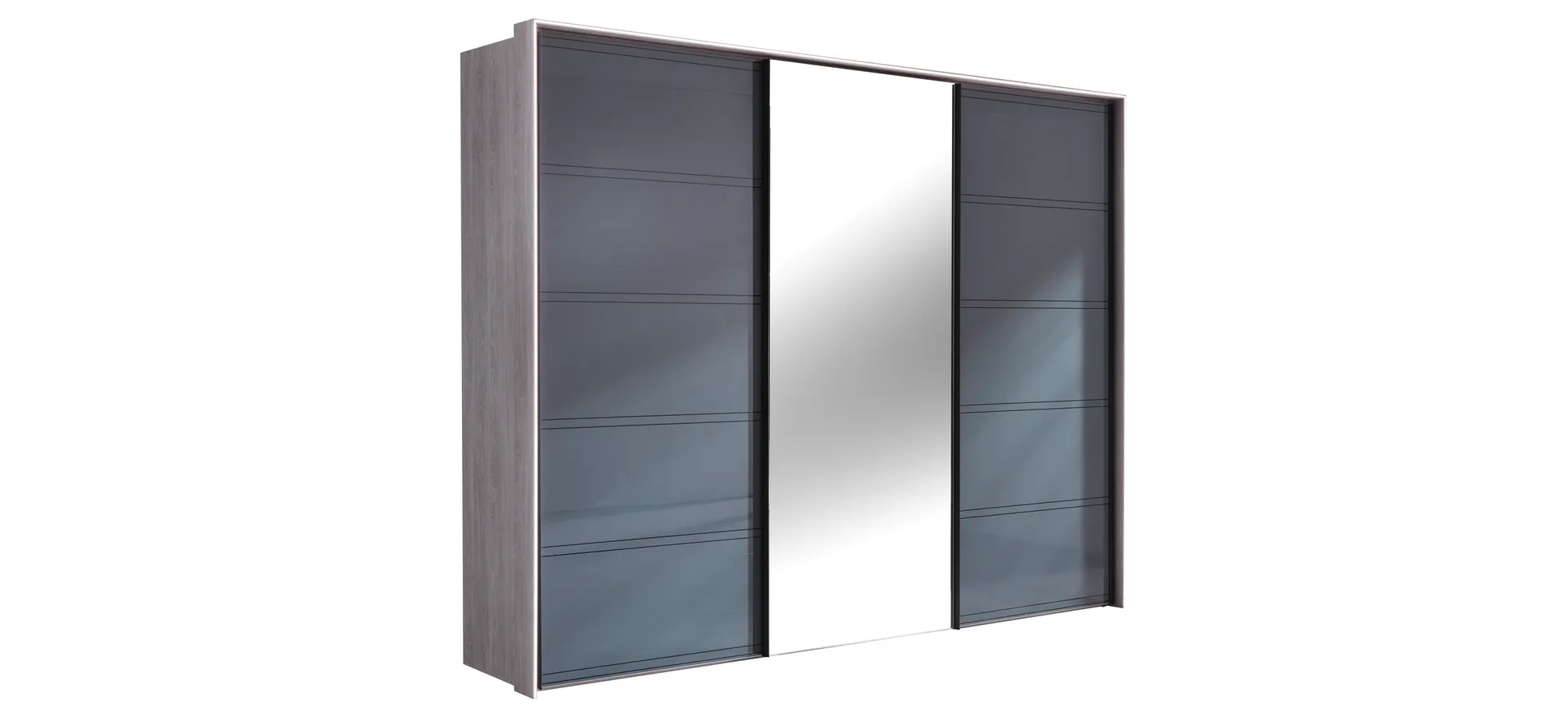 Schwebetürenschrank 3-türig EM Arango - mit Passepartout und Beleuchtung, B. ca. 298 cm, Dekor Eiche grau, Anthrazitglas, Kristallspiegel