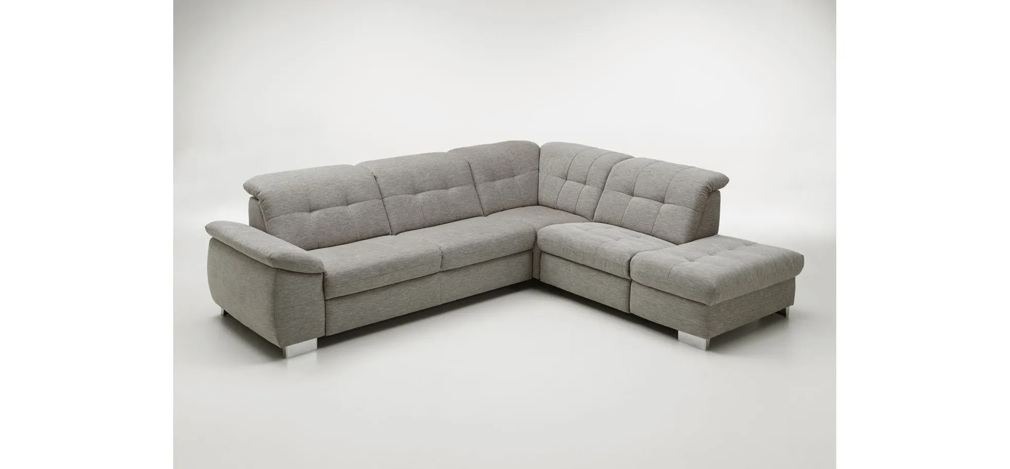 Ecksofa - 3-Sitzer mit Ecke rechts, Kopfteil verstellbar, Stoff, Silbergrau