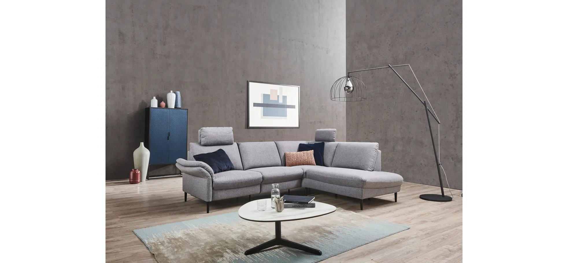 Ecksofa EM Preko mit Kopfstützen - 3-Sitzer mit Ecke rechts, Stoff, Grau