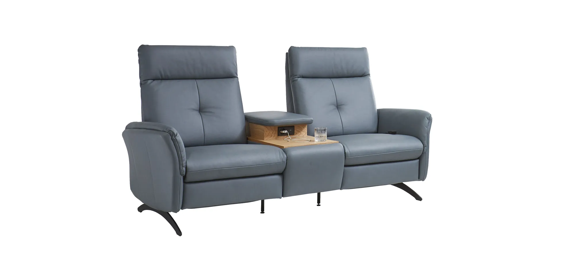 Sofa - 2-Sitzer mit Ablagetisch, Leder, Graublau