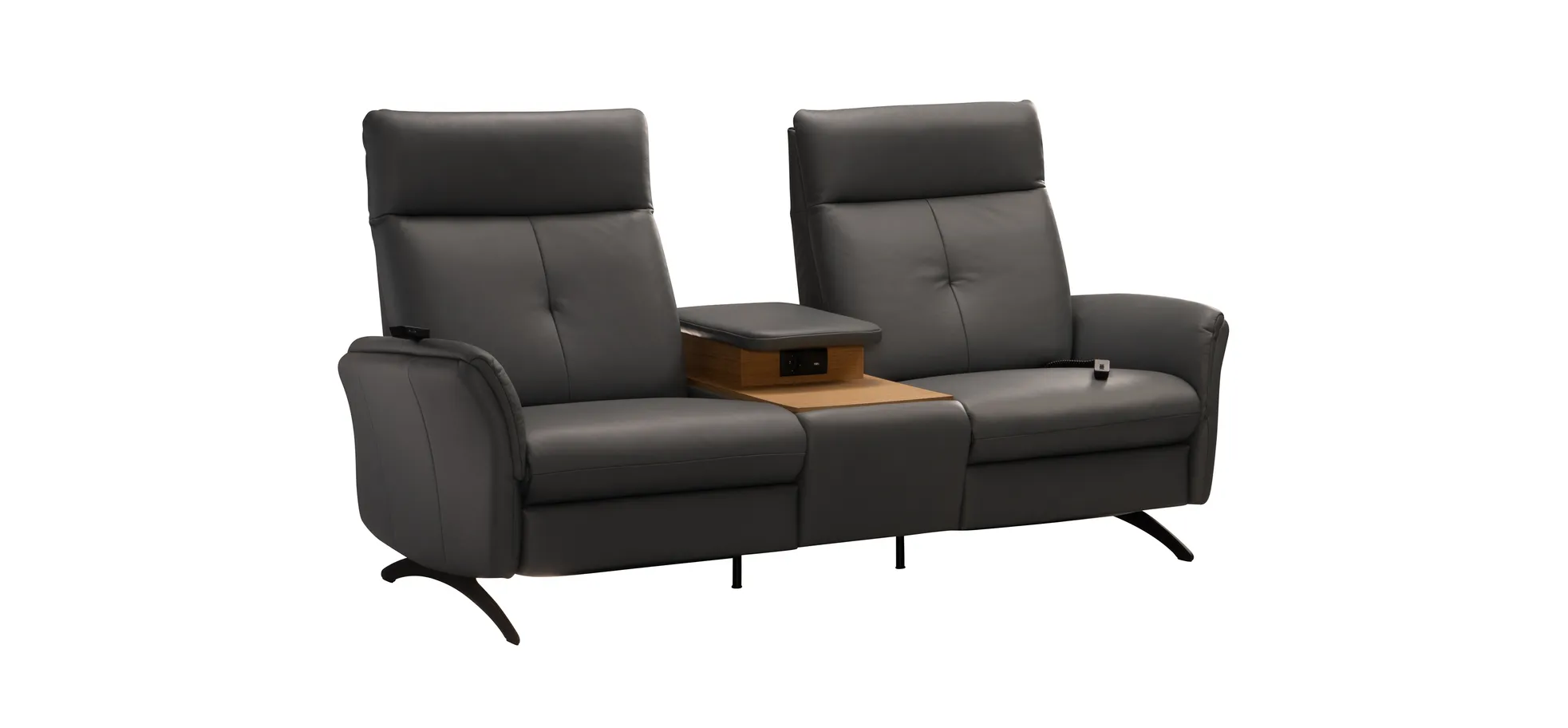Sofa EM Pula - 2-Sitzer mit Tisch/USB/Steckdose, Leder, schwarz