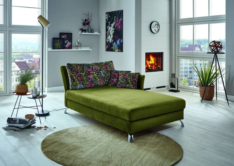 Schlafsofa - inkl. Rückenkissen, Rücken verstellbar (manuell), Bettkasten, Velourstoff, Olive, Blumig