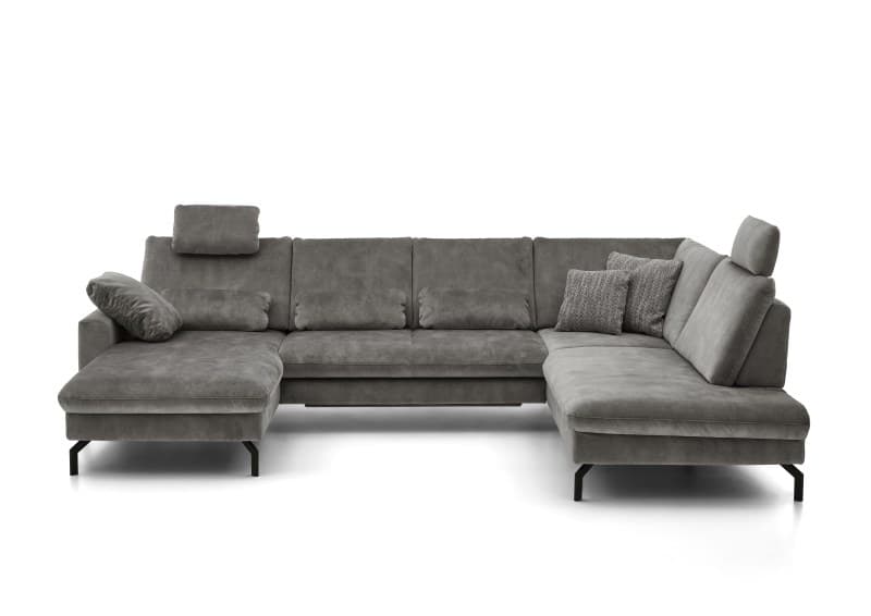 Wohnlandschaft - Longchair links, 2,5-Sitzer ohne Armlehne, Ecke rechts, Relaxfunktion (motorisch), Sitztiefe verstellbar (manuell), Sitzvorzug (manuell), Velourstoff, Silbergrau