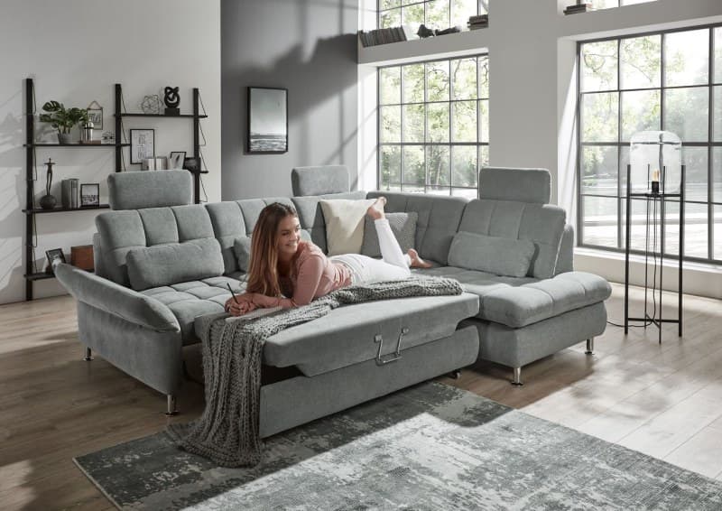 Ecksofa - 2,5-Sitzer mit Ecke rechts, Armlehne/Sitztiefe verstellbar (manuell), Chenilleflachgewebe, Eisengrau
