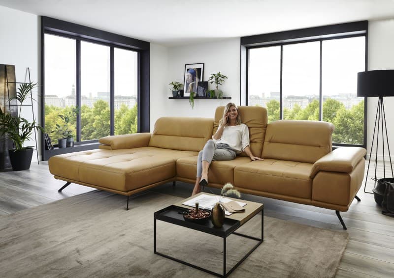 Ecksofa - 3-Sitzer mit Longchair links, Armlehne/Sitztiefe verstellbar (manuell), Leder, Kurkuma