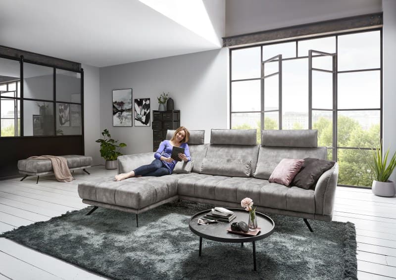 Ecksofa - Longchair links mit 3-Sitzer, Relaxfunktion (motorisch), Sitztiefe verstellaber (manuell),Velourstoff, Silbergrau