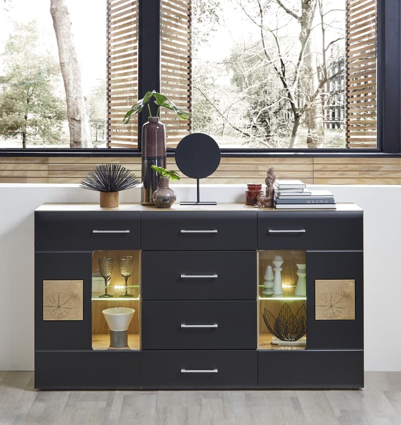 Sideboard - mit Beleuchtung, Schwarz, Eiche Dekor