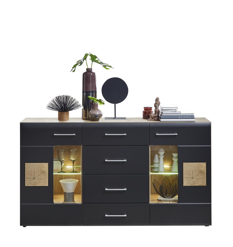 Sideboard - mit Beleuchtung, Schwarz, Eiche Dekor