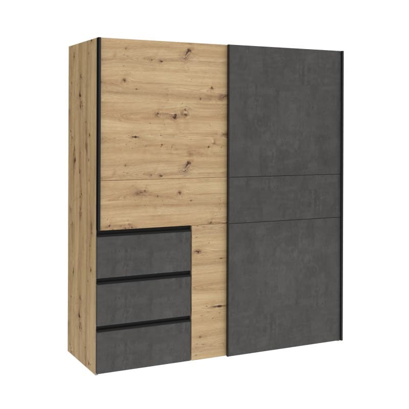 Schwebetürenschrank FJOLLA - B ca. 170,3 cm, Eiche Dekor, Betonoptik Dunkelgrau