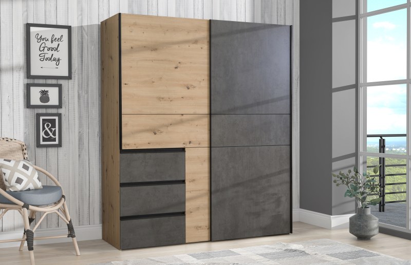 Schwebetürenschrank FJOLLA - B ca. 170,3 cm, Eiche Dekor, Betonoptik Dunkelgrau