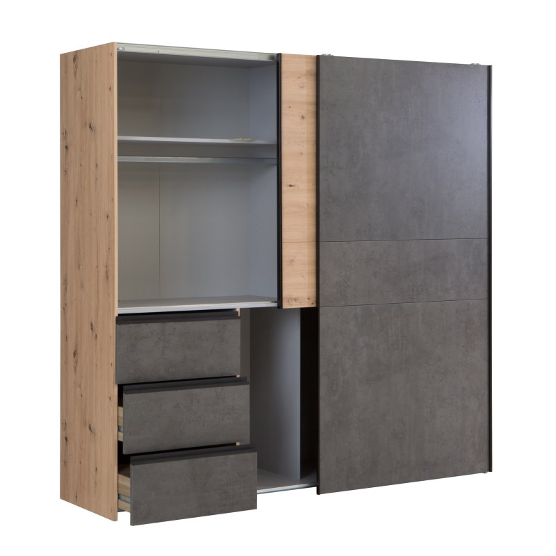 Schwebetürenschrank FJOLLA - B ca. 200,1 cm, Eiche Dekor, Betonoptik Dunkelgrau