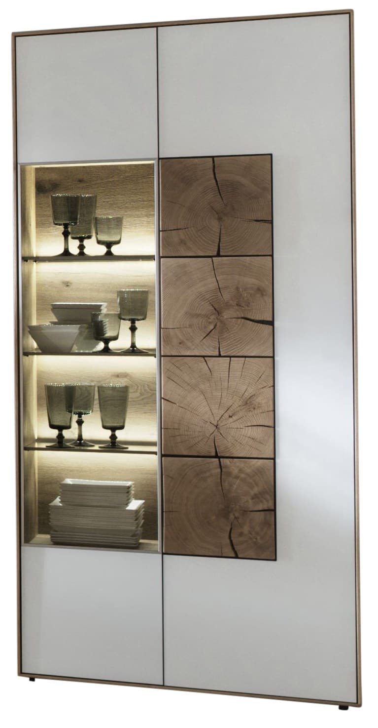 Vitrine - Kerneiche massiv, Mattglas, Weiß mit Hirnholzscheiben