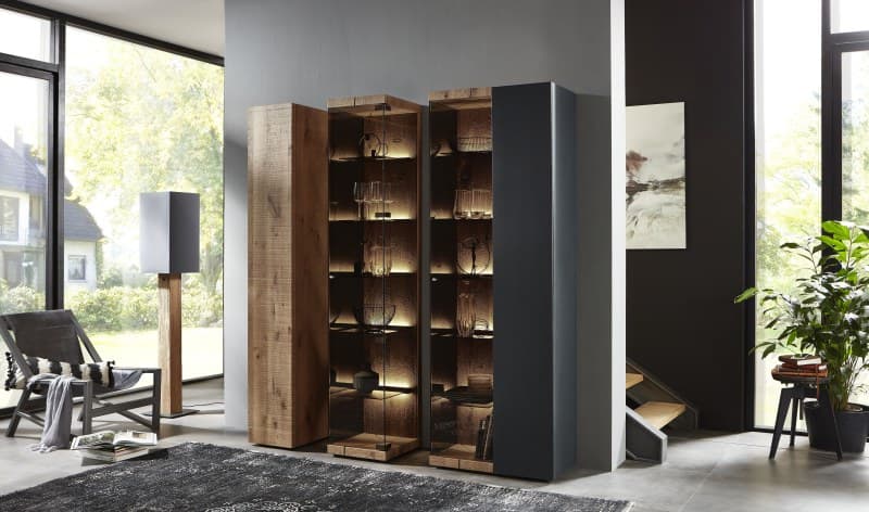 Vitrine - Kerneiche massiv, Applikation Metall, Anthrazit
