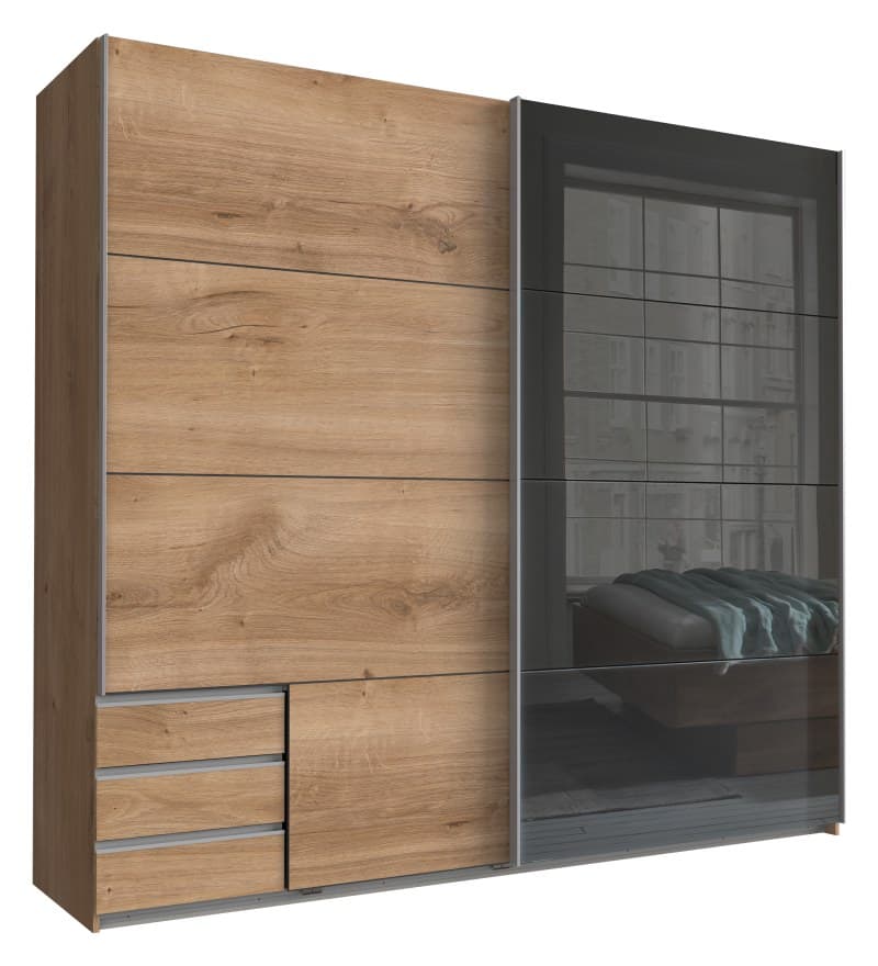 Schwebetürenschrank- Eiche Dekor, Graphit, Glas, Grau