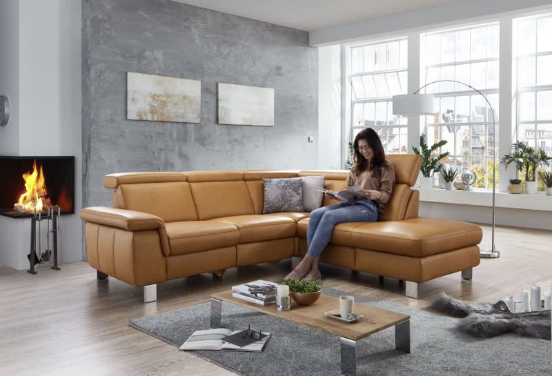 Sofa - 2-Sitzer mit Ottomane rechts, Stoff, Senfgelb