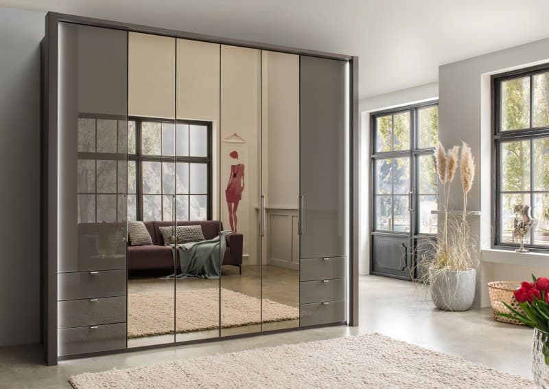 Falttürenschrank - inkl. Passepartout und Beleuchtung, B. ca. 306,4 cm, Glas, Spiegel, Dunkelgrau