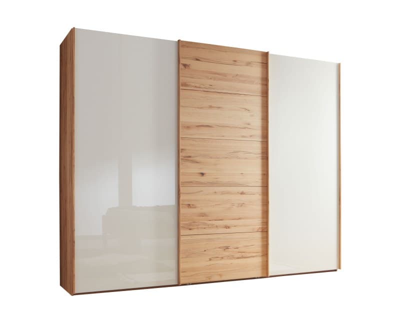 Schwebetürenschrank - B. ca. 300 cm, Astkernbuche Teilmassiv, Mitteltür Massivholz, Glas Champagner