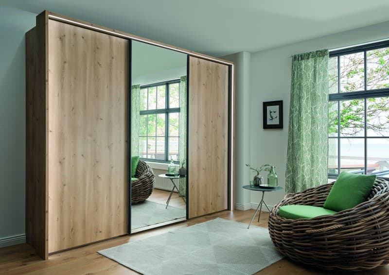 Schwebetürenschrank - B. ca. 290 cm, mit Spiegeltür, Bianco-Eiche-Nachbildung