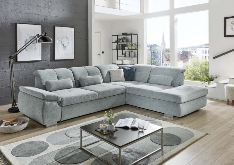 Ecksofa - 3-Sitzer mit Ecke rechts, Sitztiefe verstellbar, Stoff, Grau