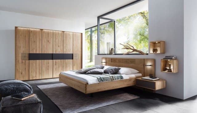Schlafzimmer - Wildeiche massiv gebürstet, Absetzungen Hirnholz-Furnier, Mattglas Anthrazit