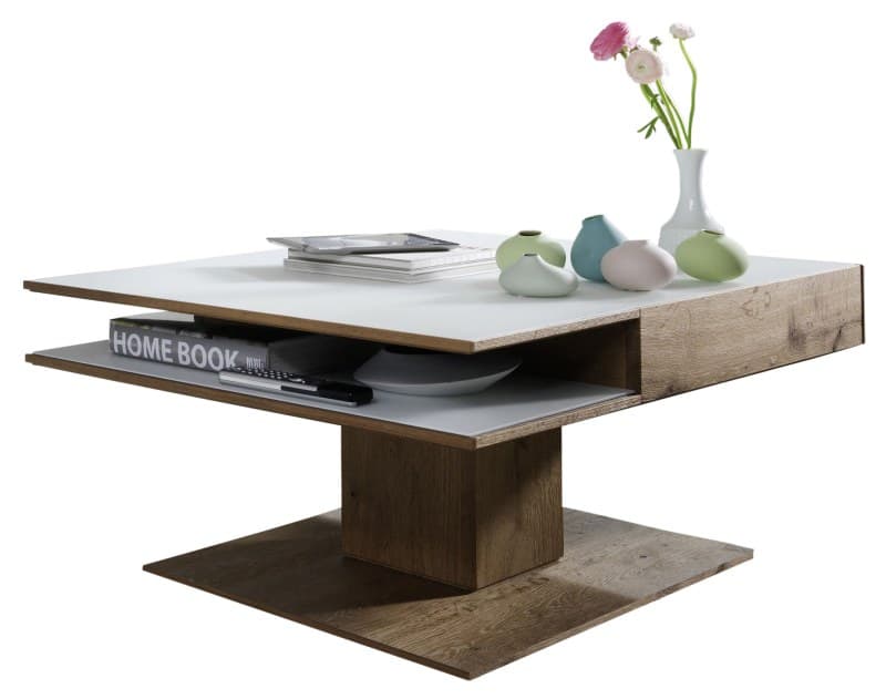 Couchtisch - Schublade, LBH105x75x46 cm, Kerneiche massiv, Mattglas, Weiß