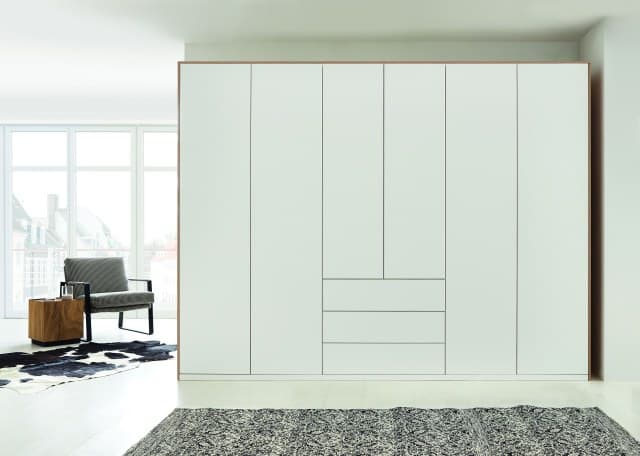 Drehtürenschrank 6-türig Face-S - B. ca. 300 cm, Eiche sand, Lack weiss