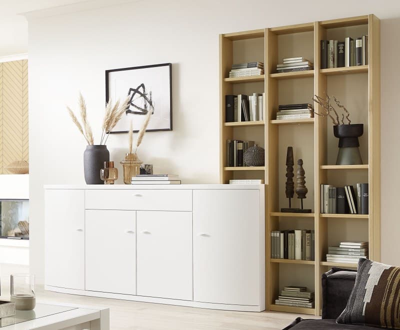 Sideboard mit Aufsatzregal - Lack weiss, Eiche sand