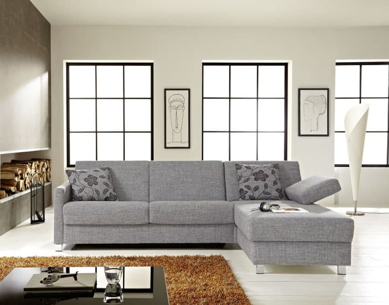 Bettsofa - 2-Sitzer mit Longchair rechts, inkl. Schlaffunktion und Steckkissen, Stoff, Grau