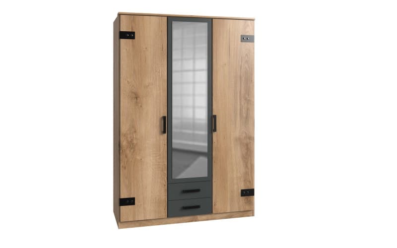 Drehtürenschrank- B ca. 135 cm, Eiche Dekor, Graphit, Spiegel