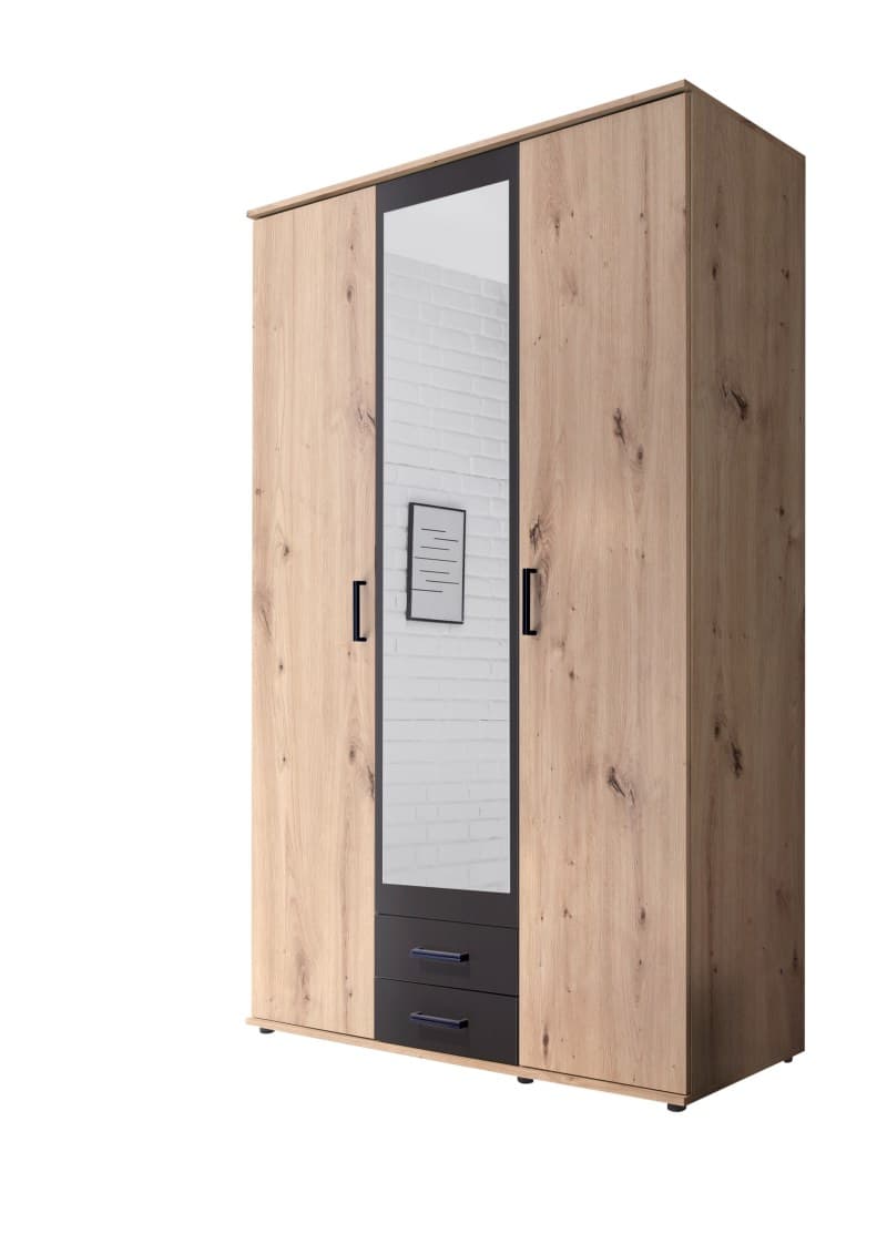 Drehtürenschrank- B ca. 120 cm, Eiche Dekor, Spiegel, Anthrazit