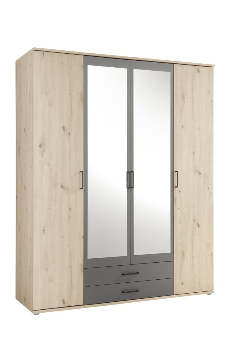 Drehtürenschrank- B ca. 160 cm, Eiche Dekor, Spiegel, Anthrazit