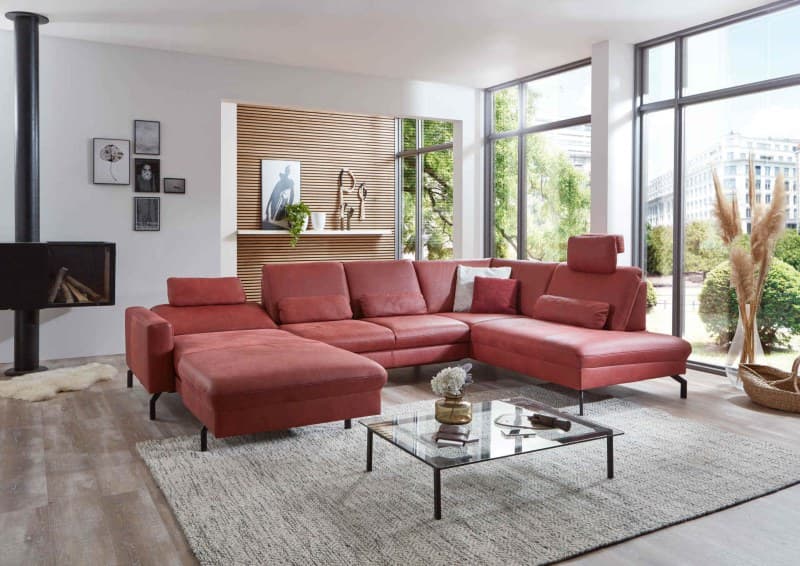 Wohnlandschaft - Longchair links mit 2,5-Sitzer und Ecke rechts, inkl. Relaxfunktion motorisch, Sitztiefe verstellbar, Leder, Rot