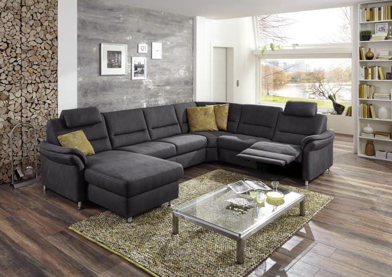 Wohnlandschaft - Longchair links, 2,5-Sitzer, Ecke rechts inkl. motorischer Relaxfunktion in Stoff dunkelgrau