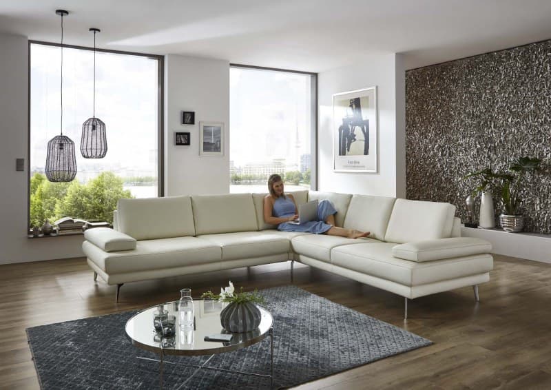 Ecksofa - 3-Sitzer mit Ecke rechts, Armlehne/Sitztiefe verstellbar, Leder, Weiß